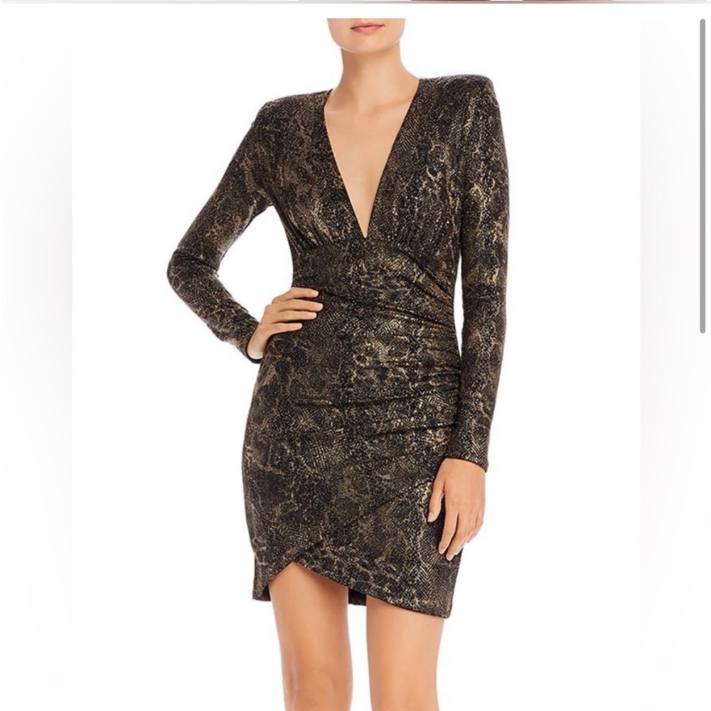 Black and Gold Asymmetrical Wrap Cocktail Dress